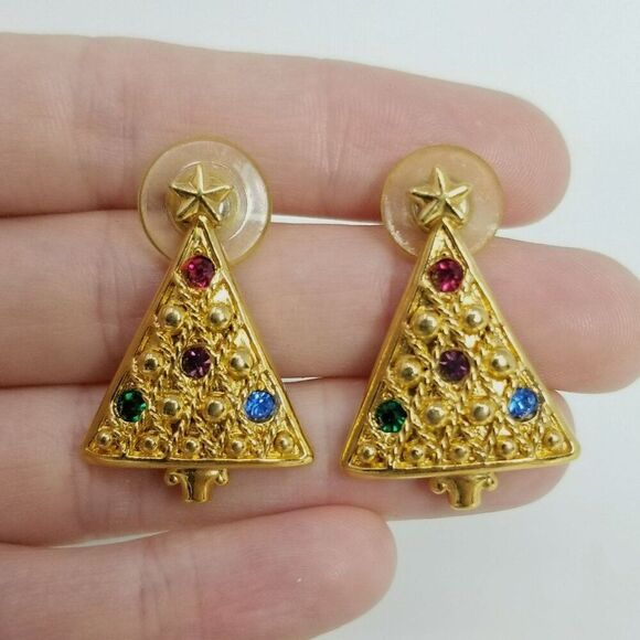 Vintage Christmas Tree Stud Earrings, Gold Tone Colorful Rhinestones, Estate - Picture 2 of 6